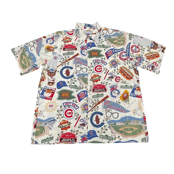 REYN SPOONER Chicago Cubs "Cubbies Legacy" MLB Hawaiian Shirt XL White AOP - Picture 1 of 7